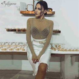 Women'S Sexy Fashion Beaded Mesh Tights Designer Long Sleeve High Neck Celebrity Party Jumpsuit 210525