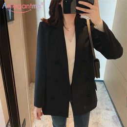 Aelegantmis Office Lady Black Casual Blazer Jacket Women Autumn Double Breasted Long Sleeve Work Suit Coat Ladies Pocket 210607