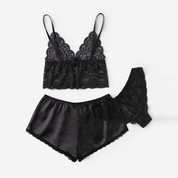 Spaghetti Strap Lace Pyjama Set Sleeveless Trim Pyjamas Sleep Shorts Set Lace Pijama Suit Sleepwear Women Sexy Nighties 3pcs Q0706