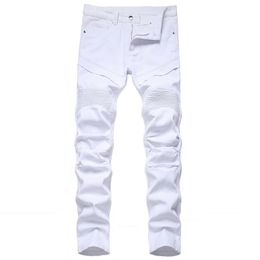 Trendy Patchwork White Pleated Men's Slim Fit Biker Jeans Solid Long Denim Pants Men Clothing Casual Hombres Motorcycle 210716