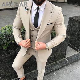 beige prom suits for men Australia - Men's Suits & Blazers Slim Fit Beige 3 Piece Suit Men Wedding Tuxedos Bridegroom Groomsmen Business Party Prom Blazer(Jacket+Pants+ Tie+Vest