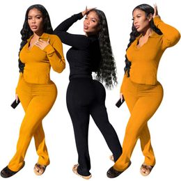 Women's Tracksuits 2021 Autumn Solid Two 2 Piece Set Sweatsuits Tracksuit For Women Outfits Long Sleeve V Neck Top Pants Suits Black Matchin
