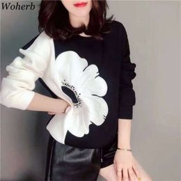 WOHERB Kore Moda Hoodies Kadınlar O Boyun Uzun Kollu Kontrast Renk Kazak Rahat Gevşek Bayanlar Kazaklar Tops 90776 210928