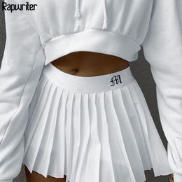 Rapwriter Preppy Style Letter Embroidery High Waist Mini Skirt Woman Fashion Korean White Pleated Skirt Short femme faldas 210303