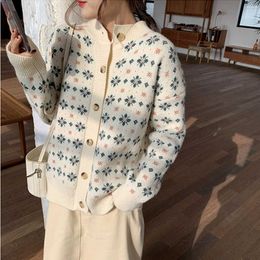 White Floral Sweater Coat Women Single Breasted Loose Cardigan Autumn Harajuru Style Casual Cardigan 210604