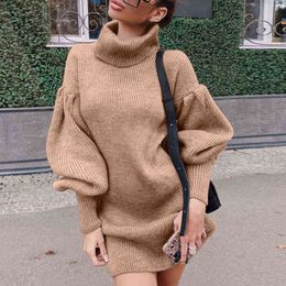 Fashion Solid Colour Turtleneck Lantern Sleeve Mini Dresses Women Autumn Winter Casual Dress Elegant Rib Knitted Sweater Dress Y1204