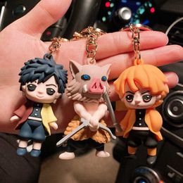 Classic Anime Demon Slayer Cute Q Version Characters Keychain Cartoon Silicone Doll Toys Kids Gift Women Bag Charm Keyholder G1019