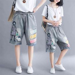 5176 Women Summer Streetwear Elastic High Waist Cartoon Embroidery Cute Korean Style Lady Female Oversized Loose Denim Shorts 210719