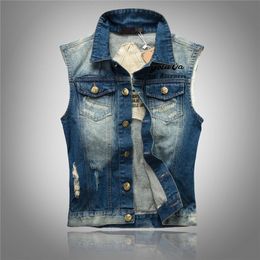 5XL Brief Blue Men's Summer Vest Korean Slim Sleeveless Denim Vests For Men Single-breasted Hole 95%Cotton Jeans Waistcoat Male