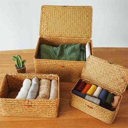 Manual Woven Storage Basket Lid Rattan Sundries Box Wicker Handmade Sorting Boxes for clothes Trinkets 210609