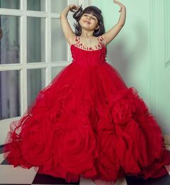 2022 Luxurious Red Sheer Neck Tutu Flower Girl Dresses Hand Made Flowers Crystals Tiers Tulle Lilttle Kids Birthday Pageant Weddding Gowns ZJ54