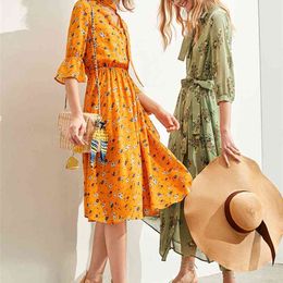Minimalism Elegant Chiffon Floral Dress For Women Fashion V-neck Lace up Butterfly Sleeve Female Beach Dresses 11970362 210527