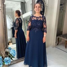 Dark Navy Mother of The Bride Dresses 3/4 Long Sleeve Appliques Chiffon Plus Size Women Wedding Guest Gowns Maid of Honour Dress