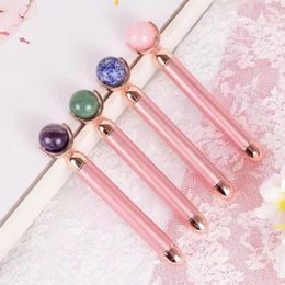 Natural Jade Stone Ball Roller with Electric Rod Face Care Massager Crystal Rose Quartz Amethyst Roller Facial-Lifting Healing Eye Massage