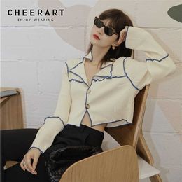 CHEERART Contrast Stitch Cropped Cardigan Women Long Sleeve Button Up Sweater Ribbed Knitted Top Korean Fashion 211011
