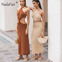 Nadafair Cut Out Halther Maxi Dress Women Off Shoulder Sexy Long Vestidos Backless Club Party Slim Bodycon Beach Summer Dress Y1006