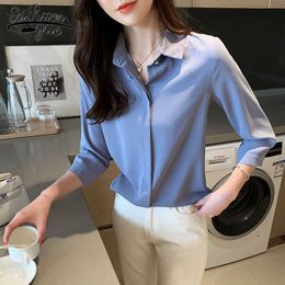 Plus Size Woman Shirt Autumn Fashion Solid Chiffon Blouse Women Korean Tops Office Lady Clothes with Button Blusas 10551 210527