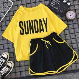 2 Piece Set Women Letter T Shirt And Shorts Sets Casual Summer Costumes Striped Pockets Short Pant Suit Jogger Workout Outfit 210707