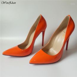 Dress Shoes Orange Thin Heels Stiletto Style 12CM Nice Woman High Patent Leather Pointed Toe Women Pumps In Many Colours 86-21