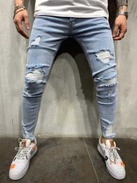 EuHight Street Men's Slim Small Feet Broken Hole Jeans Trousers Fashionable Youth Classic Style Large Size Denim Pants X0621