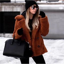 Winter Thick Warm Teddy Coat Woman Lapel Long Sleeve Fluffy Hairy Fake Fur Jackets Female Button Pockets Plus Size Overcoat 210817