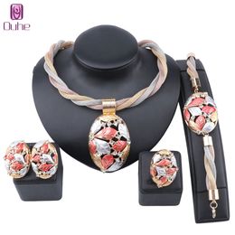 Dubai Gold Colourful Jewellery set For Women Leaves Crystal Necklace Earring Ring Italian Bridal Wedding Accessories Jewellery Set