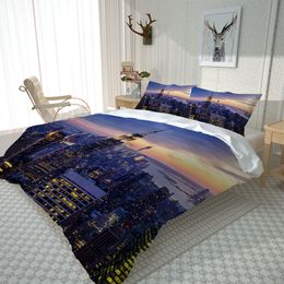 Morden blue night building curtains Bedding Set Red 4pcs Duvet Cover Sets Pillowcase 3D Bedding Sets