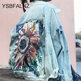 Women Denim Jacket feminine Spring Autumn Boho Sequin Floral Appliques Embroidery Coat Long Sleeve Outerwear Female Veste femme 211014