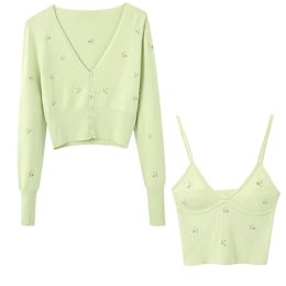 Spring women's Embroidery Green Cropped knit cardigan Casual two pieces set fashion streetwear sexy female crop tops 210914