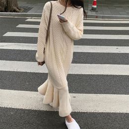 Fashion Women Autumn Winter Sweater Dress Loose O-Neck Warm Long Female Full Sleeve Knitted Mermaid Dress Vestidos 21302