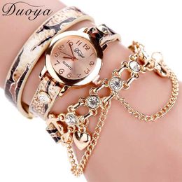 Mens Watches Duoya Brand Watch Women Leopard Luxury Band Bracelet Quartz Braided Winding Wrap Beige Long Chain Female WristWatch