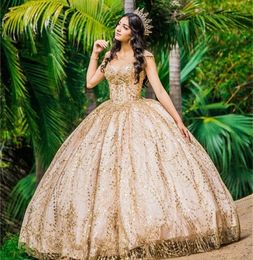 2022 Off The Shoulder Quinceanera Dresses Ball Gown Formal Prom Champagne Gold Lace Graduation Gowns Princess Sweet 15 16 Dress