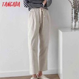 Tangada Fashion Women Cotton Linen Crop Pants Trousers Strethy Waist Pockets Female AI30 210925