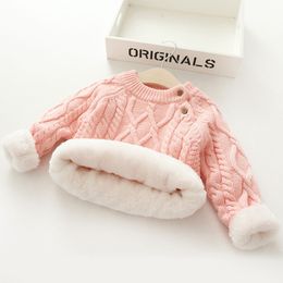 Plush Inside Pure Colour Winter Baby Boy And Girl Kid Thick Knitted O-Neck Shirts Solid Warm Sweater 0-5 Years 210308