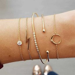 5pcs/set Fashion Women Charm Beach Gold Color Chain Moon Crystal Geometry Chain Bangle Bracelet Set Jewelry a Direct Sale Q0719