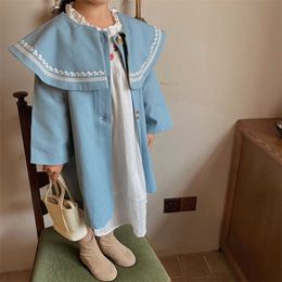 Autumn Baby Girls Sky Blue Windbreaker Korean Style Toddlers Kids Long Coats Children Clothes 211204