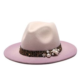 winter fedora hats for women fashion Flat wide Brim Wool Felt Jazz Gradient Hat men Leopard pearl top vintage hat