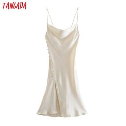 Tangada Women Beige Buttons Sexy Satin Long Dress Strap Sleeveless Fashion Lady Party Dresses Vestido 3H324 210609