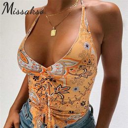 Missakso Print Halter Crop Top Streetwear Y2K Beach Summer Women Sexy Skinny Backless V Neck Ruched Tank Tops 210625
