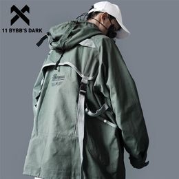 11 BYBB'S DARK Hip Hop Cargo Jackets Men Letter Printed Autumn Casual Streetwear Harajuku Ribbons Pockets Turtleneck Coats 211214