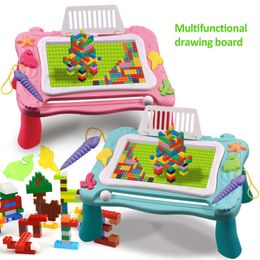 2-in-1 Multifunction Activity Table DIY Building Blocks Table Compatible Magnetic Writing Board Kids Educational Toys For Boy Q0723