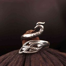 925 Silver Elegant National Style Animal Peacock Ring Temperament Phoenix Feather Opening Adjustable