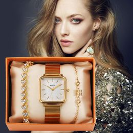 gift sets for ladies UK - Wristwatches Quartz Wrist Watch For Women Luxury Golden Bracelet Gift Set Fashion Square Dial Simple Elegant Ladies Watches