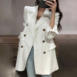 [EWQ] Notched Collar Long Sleeve Casual Blazer Korean Trend Double Breasted Loose Ladies White Coats Autumn QK785 210930