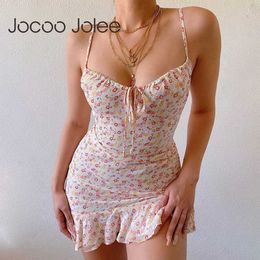Jocoo Jolee Summer Sexy Strap Floral Print Ruffles Mini Dress Casual Sleeveless Tight Bodycon Dress Boho Beach Party Sundress 210619