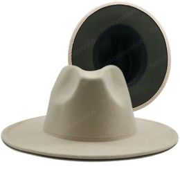 Simple Outer cream Inner red Wool Felt Jazz Fedora Hats with Thin Belt Buckle Men Wide Brim Panama Trilby Cap