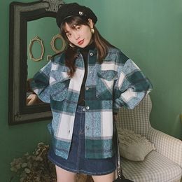 Winter Vintage Women's Blouse Shirt Plaid Oversized Pockets Shirt Outwear Clothing For Women Ropa Mujer Womens Tops And Blouses 210315