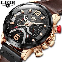 Mens Watches LIGE Brand Leather Male Chronograph Waterproof Sport Automatic Date Quartz Watch For Men Relogio Masculino 210527
