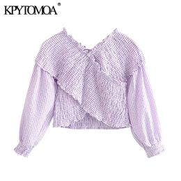 KPYTOMOA Women Sweet Fashion Smocked Elastic Asymmetric Cropped Blouses Vintage V Neck Long Sleeve Female Shirts Chic Tops 210225