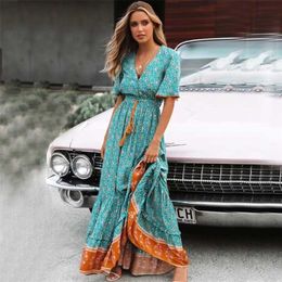 BOHO INSPIRED blus floral maxi dress V-neck button down lace trim Spring summer dress tassel tied waist long women dresses 210309